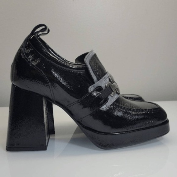 Casta Heel Buckle Loafer Women EU 39 US 8.5 Black Patent Leather Platform Chunky - Picture 1 of 13